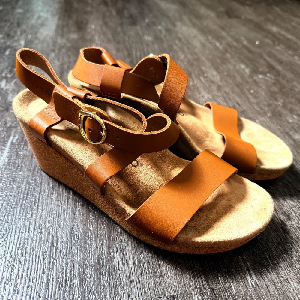 Papillio Birkenstock Lana Wedge Sandals Women 38 7 Cognac Brown Leather Cork